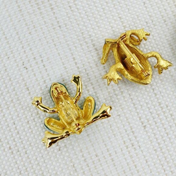 VTG Frog Brooch Green Gold-Tone Cabochon Jelly Belly Rhinestone Whimsical - Picture 11 of 15